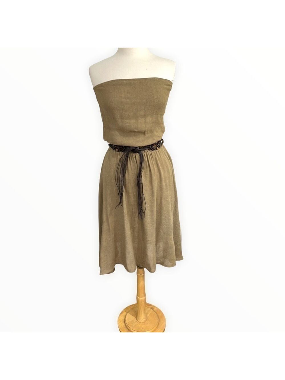 NWT‎ Fashionista Khaki Strapless Flared Dress Linen Blend Macrame Belt